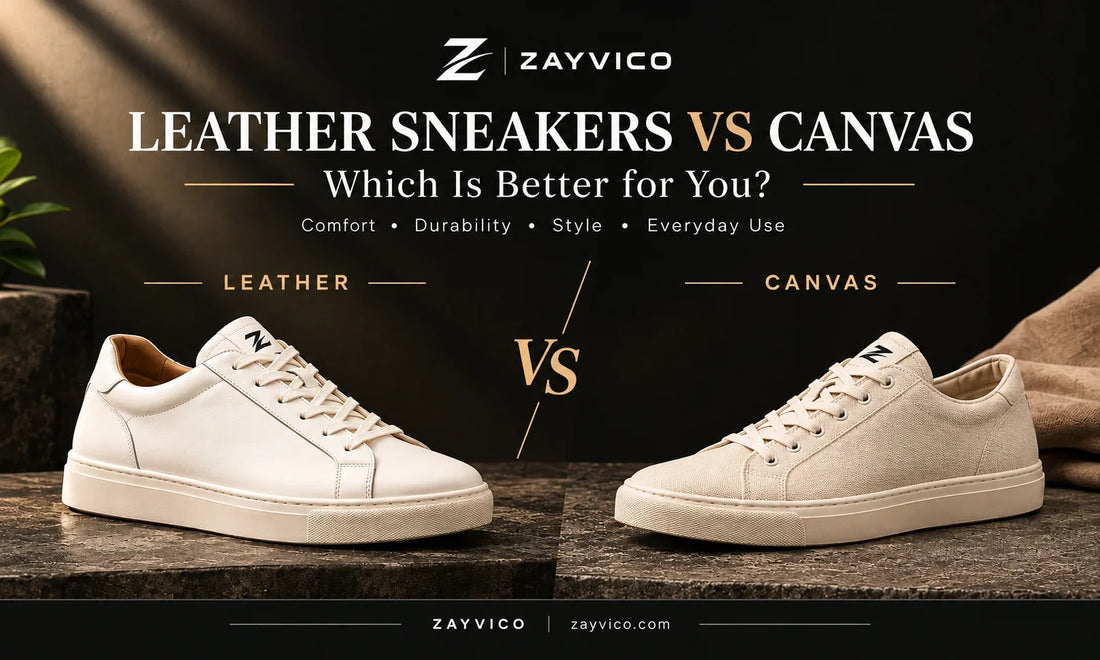 Leather vs canvas sneakers comparison featuring two white sneakers on a premium dark stone background.