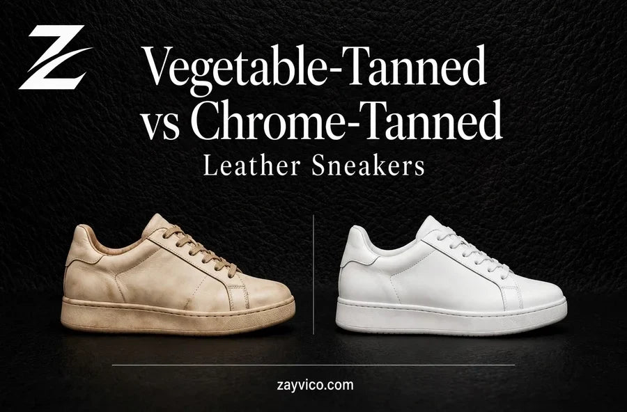 Vegetable-tanned vs chrome-tanned leather sneakers comparison showing beige and white leather sneakers side by side.