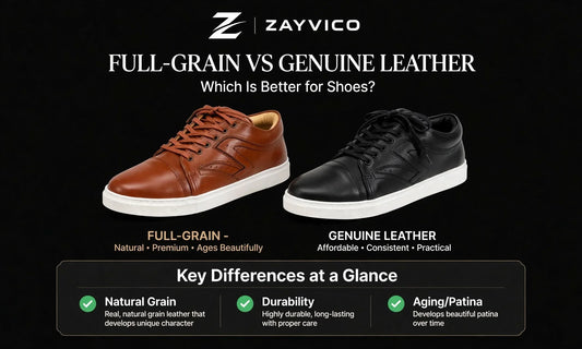 Zayvico Full-Grain vs Genuine Leather shoes comparison - 900x540 banner